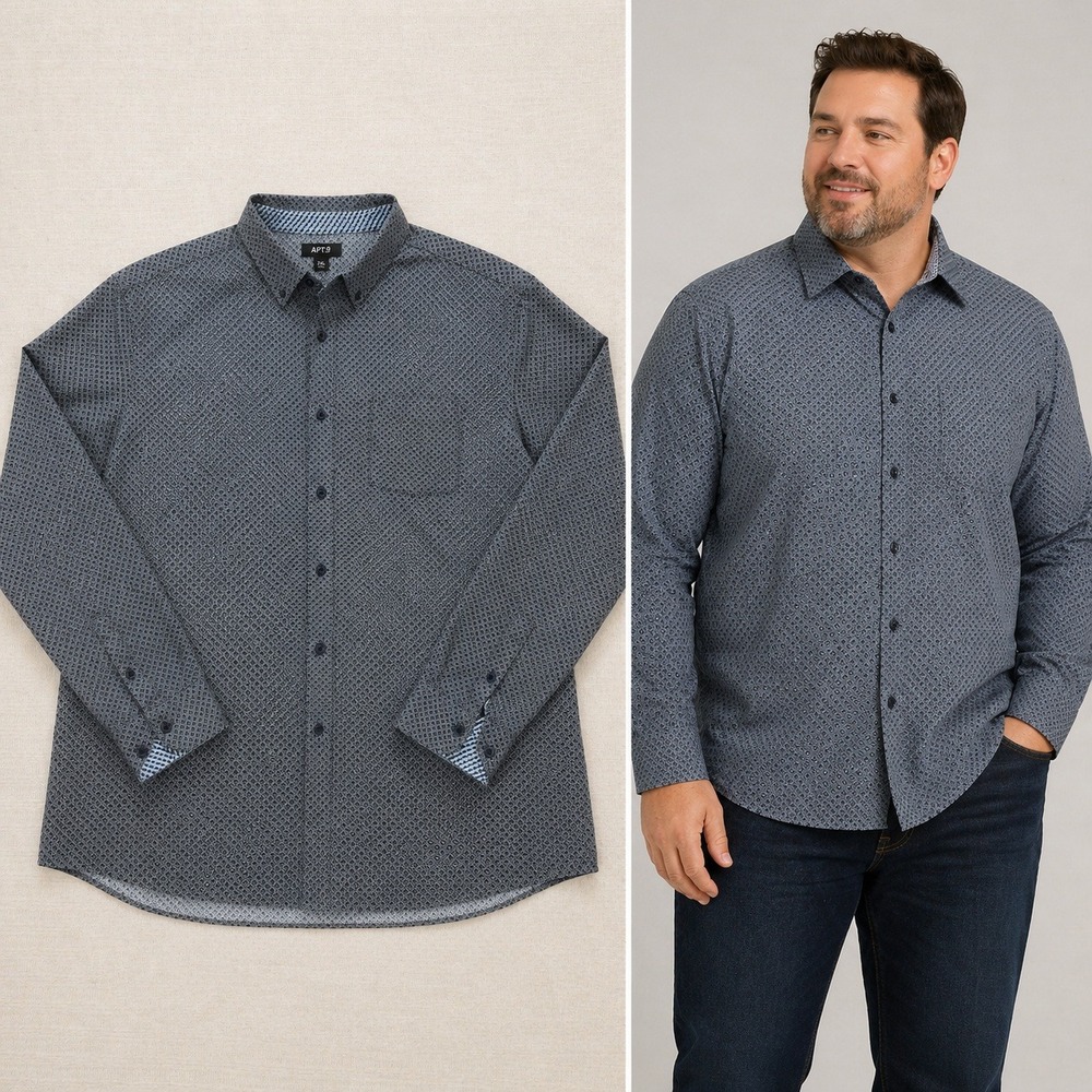 Johnston & Murphy J&M Flex Mens 2XL Gray Geometric Button Down Shirt Cotton
